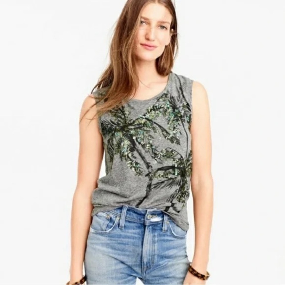 J.Crew Sequin Palm Trees Muscle Tank Top Size Large 🌴